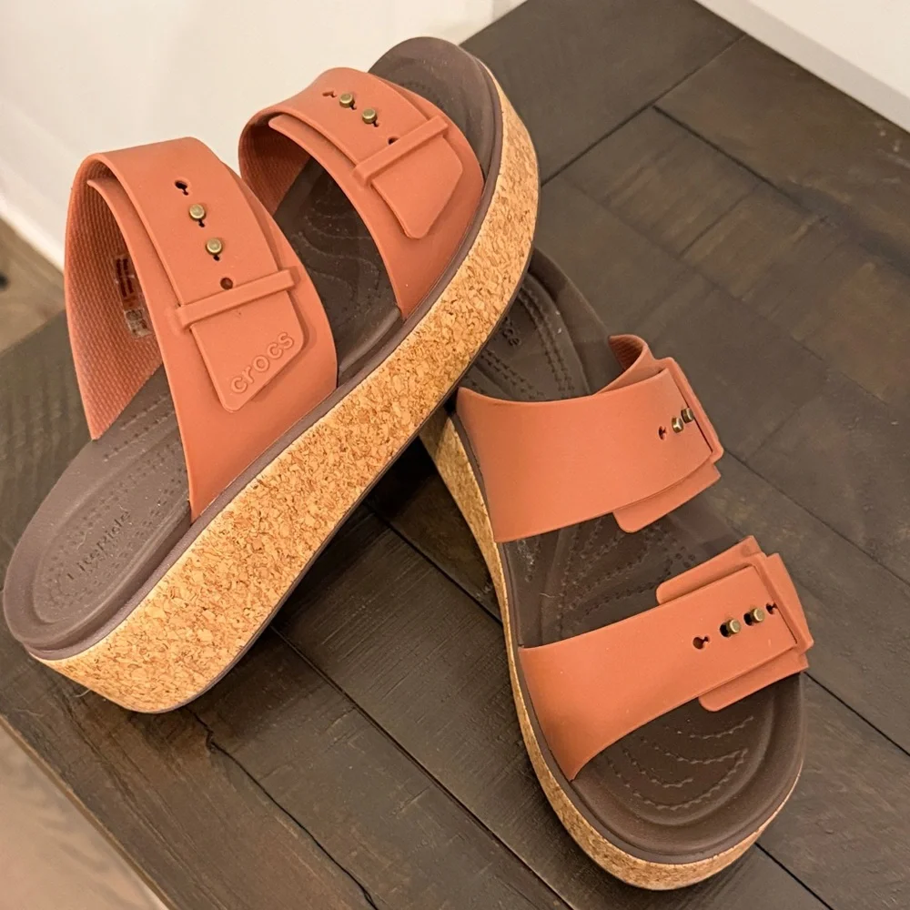 CROCS Terra-Cotta Double-Strap Cork Platform Sandals - Picture 2 of 2